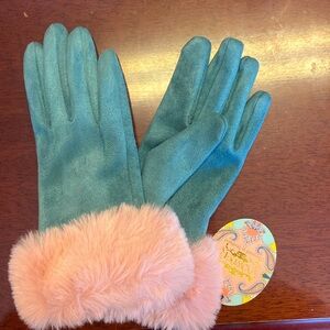 Powder, faux suede, and fur gloves